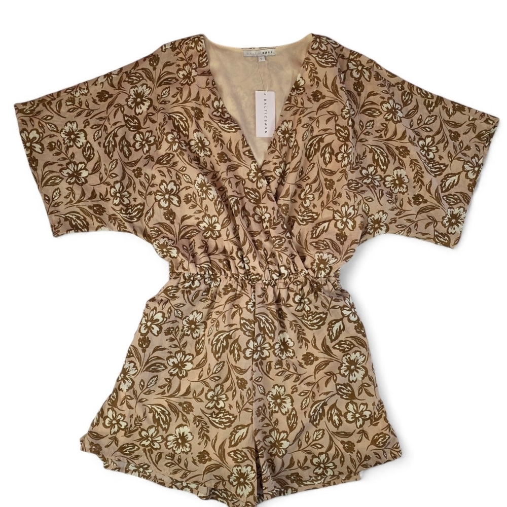 Baltic Born Connor Romper w/ Belt Taupe Brown Floral Boho Cottagecore L NWT